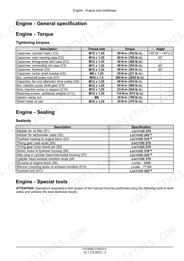 Case 570T S8000 engine tightening torques and angles, with sealant chart