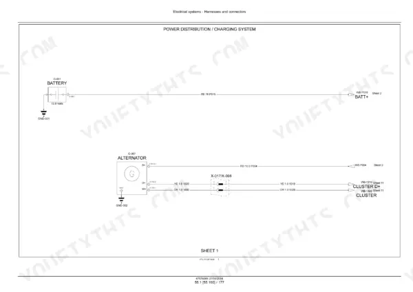 Case 570T electrical schematic sheet 01: power distribution and charging system, battery and alternator circuits