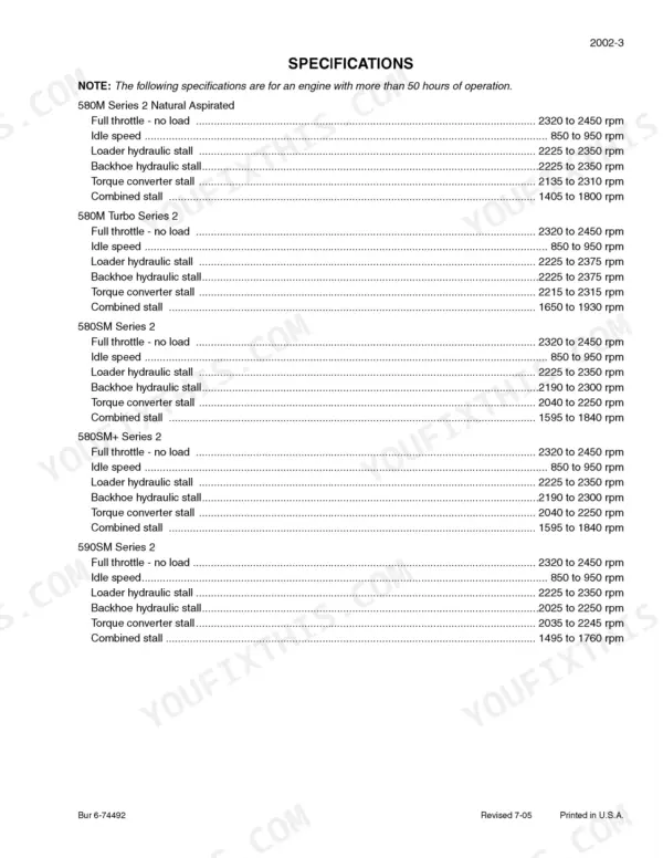 Case 580M, 580SM, 580SM+, 590SM Series 2 engine RPM specifications table for stall, idle, and full throttle speeds.
