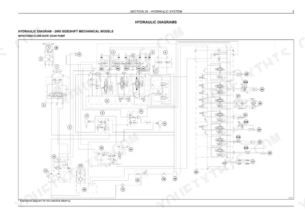 Case 580T-695ST hydraulic diagram for 2WS sideshift mechanical models with fixed-flow-rate gear pump: loader and backhoe control valves, cylinders and steering