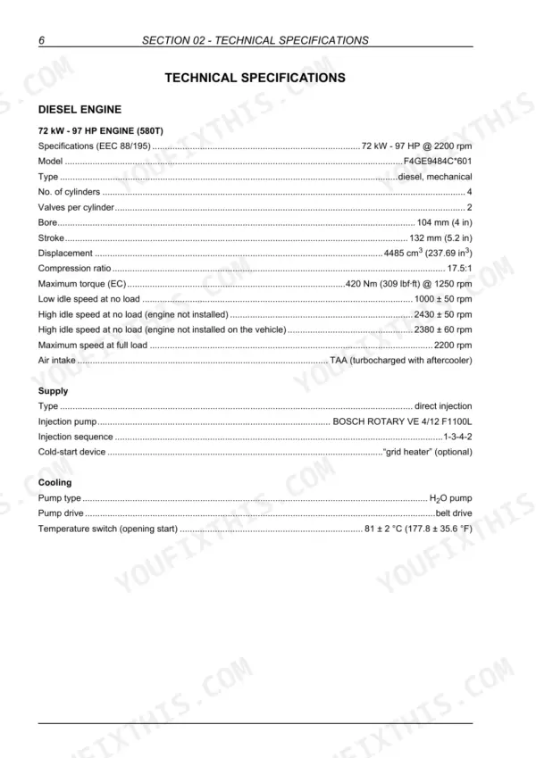 Case 580T Iveco F4GE9484C engine technical specifications: bore, stroke, displacement, torque, idle speeds and injection pump