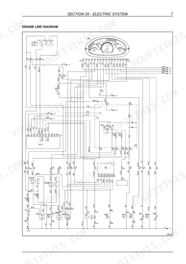 Case 580T Powershuttle ROPS engine line diagram: wiring schematic with instrument cluster, component codes and wire codes