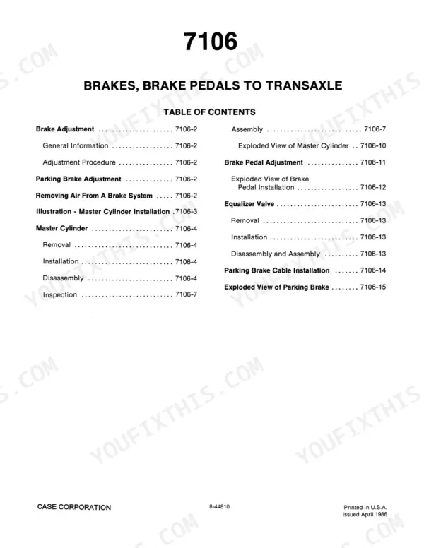 case-584e-585e-586e-forklift-service-manual-brakes-752.webp Case 584E, 585E, 586E Service Manual — Section 7106 Brakes, Brake Pedals to Transaxle contents page