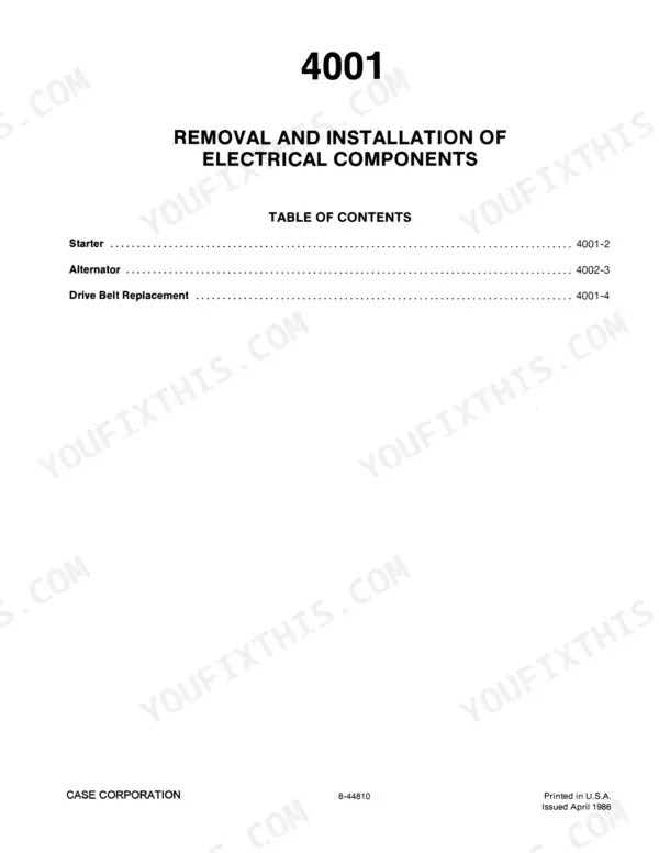 Case 584E, 585E, 586E Service Manual — Section 4001 Removal and Installation of Electrical Components contents page