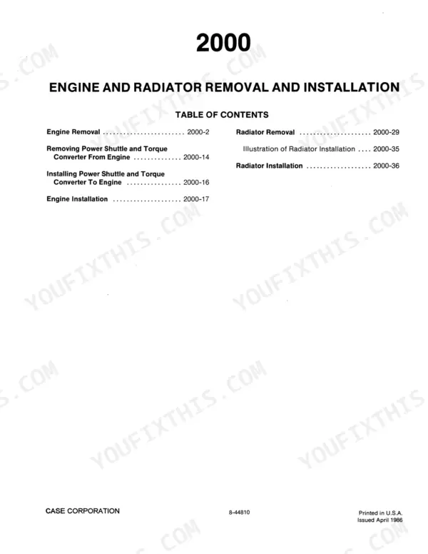 Case 584E, 585E, 586E Service Manual — Section 2000 Engine and Radiator Removal and Installation contents page