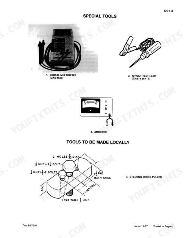 case-585-595-685-695-service-manual-electrical-components-606.webp Case 585, 685, 595, 695 special tools list including digital multimeter, 12V test lamp, ammeter, and steering wheel puller diagram.