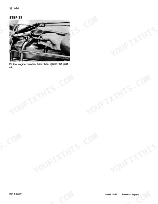 Case 585, 685, 595, 695 service manual step 93 showing procedure to fit the engine breather tube and tighten pipe clip.