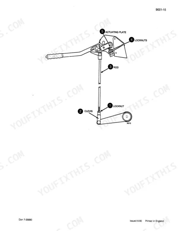 Case 585, 685, 595, 695 diagram of hand brake lever linkage showing actuating plate, rod, clevis, and locknuts.