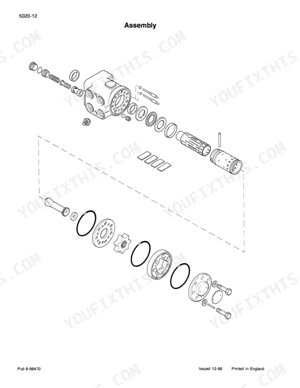 Case 585, 685, 595, 695 exploded view diagram of hydraulic steering unit assembly showing internal gears, seals, and housing.