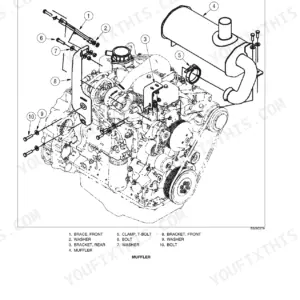 Case 586G, 588G exploded view diagram of engine muffler, mounting brackets, and hardware components.