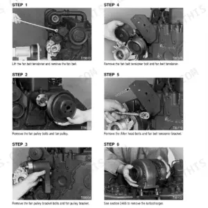 Case 6-590, 6T-590, 6TA-590 cylinder head removal steps showing fan belt, pulley, bracket, and turbocharger removal procedures.