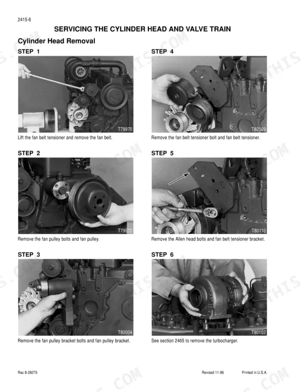 case-6-590-6t-590-6ta-590-diesel-engine-service-manual-7-67681-procedures-31.webp Case 6-590, 6T-590, 6TA-590 cylinder head removal steps showing fan belt, pulley, bracket, and turbocharger removal procedures.