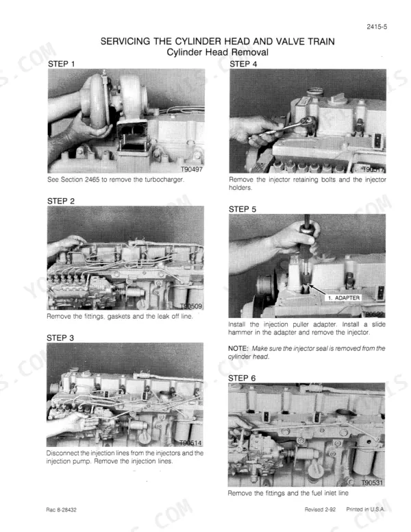 Case 6-830, 6T-830 service manual page showing cylinder head removal steps, including turbo, injector, and fuel line procedures.