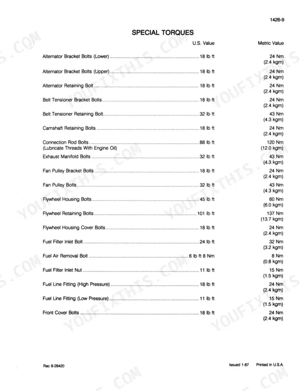 Case 6-830, 6T-830 service manual table listing special torque specifications for engine components and fasteners.