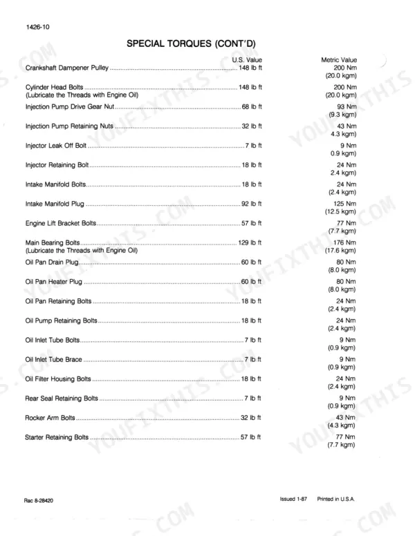 Case 6-830, 6T-830 engine special torque specifications table for bolts, plugs, and nuts including crankshaft and cylinder head.