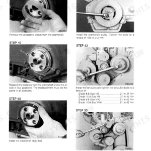 Case 6-830, 6T-830 service manual: crankshaft pulley, dust seal, and fan belt installation procedures with torque specifications.