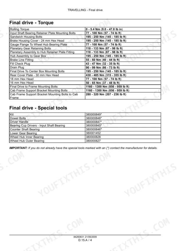 Case 650L final drive torque table: mounting, sandwich housing, planetary and plug torques in Nm and lb ft