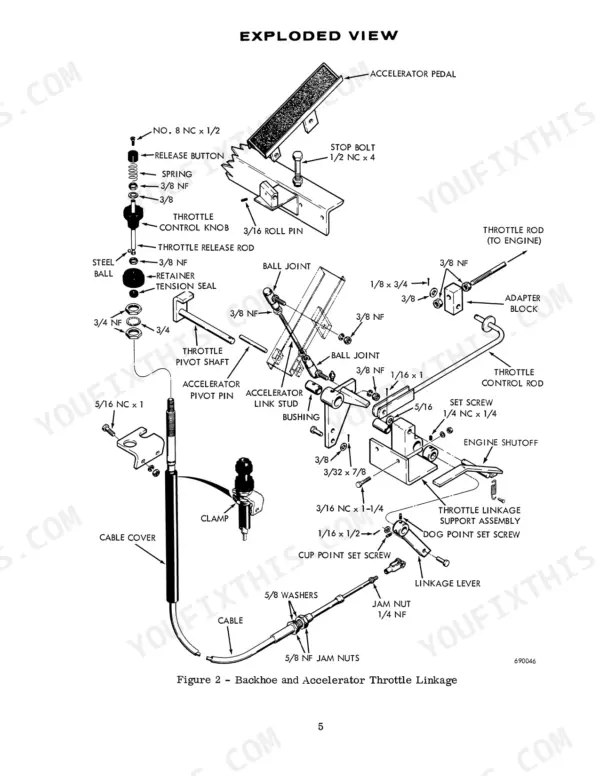 case-680b-680c-loader-backhoe-service-manual-9-71984-exploded-view-27.webp Case 680B, 680C, W7E, 680 CK exploded view of backhoe and accelerator throttle linkage components and hardware.
