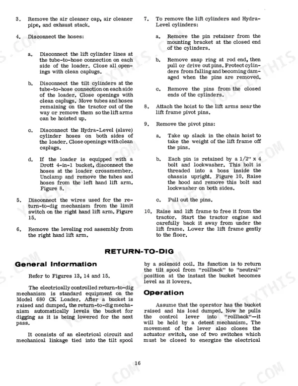 Case 680B, 680C, W7E, 680 CK service manual page detailing loader lift frame removal steps and return-to-dig operation.