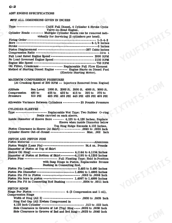 Case 680B, 680C, W7E, 680 CK A267 engine specifications table including compression, cylinder sleeves, pistons, and rings.
