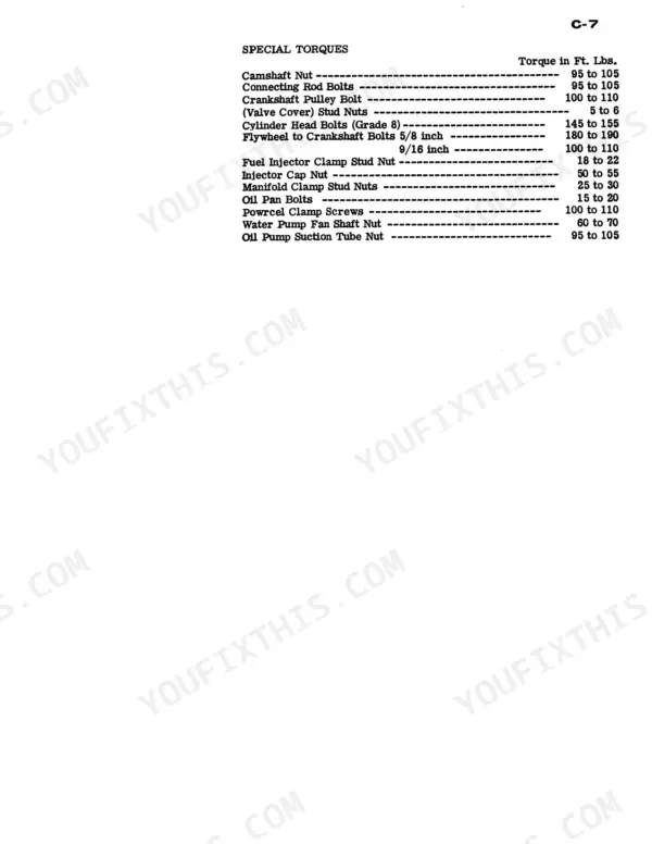 Case 680B, 680C, W7E, 680 CK service manual page C-7 showing a table of special torque specifications for engine components.