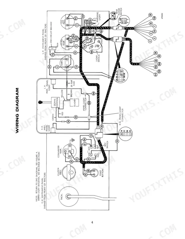 Case 680B, 680C, W7E, 680 CK wiring diagram showing instrument panel gauges, key switch, light switch, and electrical connectors.