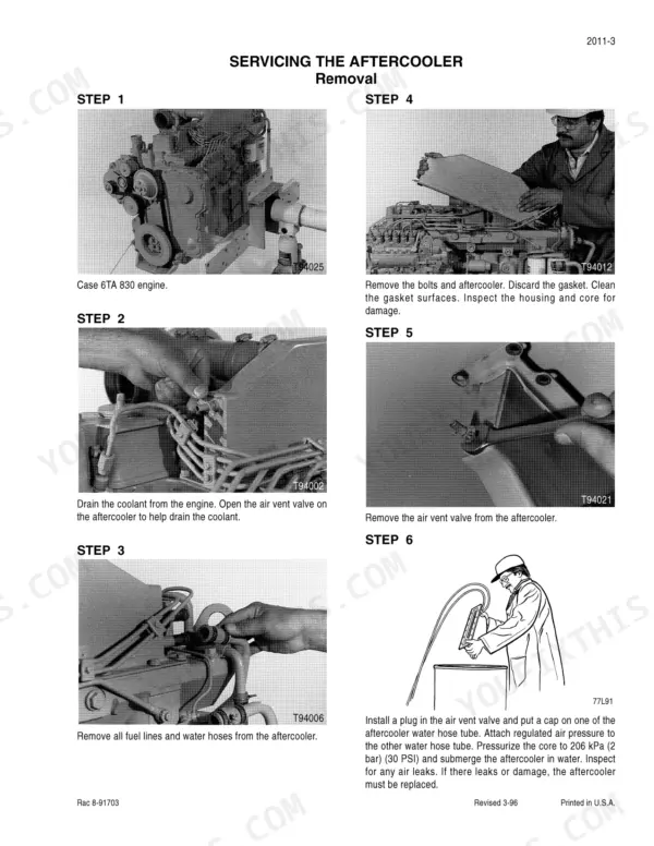 Case 6T-830, 6TA-830 service manual: step-by-step aftercooler removal and leak testing procedures with engine diagrams.