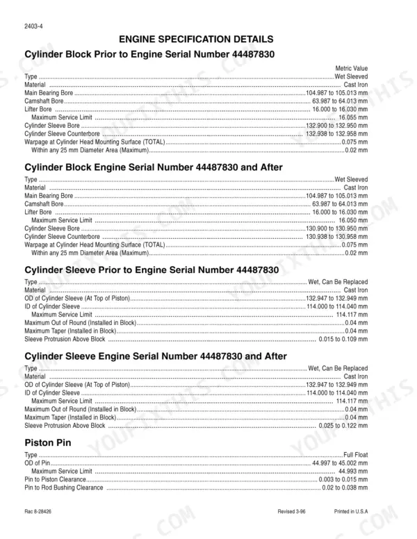 Case 6T-830, 6TA-830 engine specification tables for cylinder block, cylinder sleeve, and piston pin dimensions.
