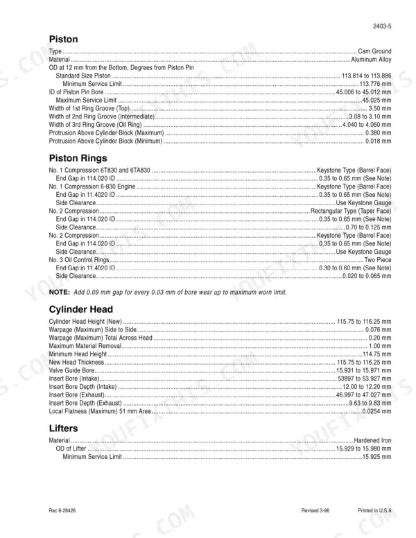 Case 6T-830, 6TA-830 engine specifications table for piston, piston rings, cylinder head, and lifter dimensions and clearances.