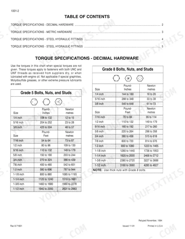 case-6t-830-6ta-830-engine-service-manual-7-65441-torque-5.webp Case 6T-830, 6TA-830 torque specification tables for Grade 5 and Grade 8 decimal hardware bolts, nuts, and studs.