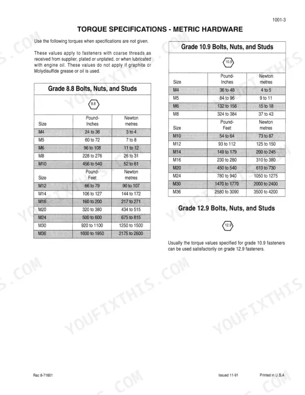 Case 6T-830, 6TA-830 torque specification tables for metric hardware, including Grade 8.8, 10.9, and 12.9 bolts, nuts, and studs.