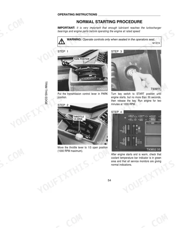 Case 7230, 7240, 7250 normal engine starting procedure steps, including transmission, throttle, key switch, and monitor checks.