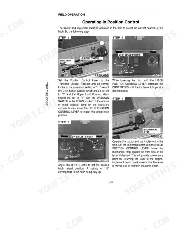 Case 7230, 7240, 7250 operating in position control procedure with hitch lever, drop speed, and upper limit switch diagrams.