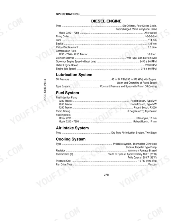Case 7230, 7240, 7250 diesel engine specifications table including lubrication, fuel, air intake, and cooling system data.