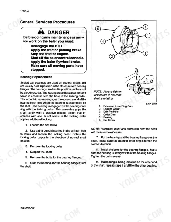 Case 8570 Mid-Size bearing replacement procedure, including locking collar diagram and removal instructions.
