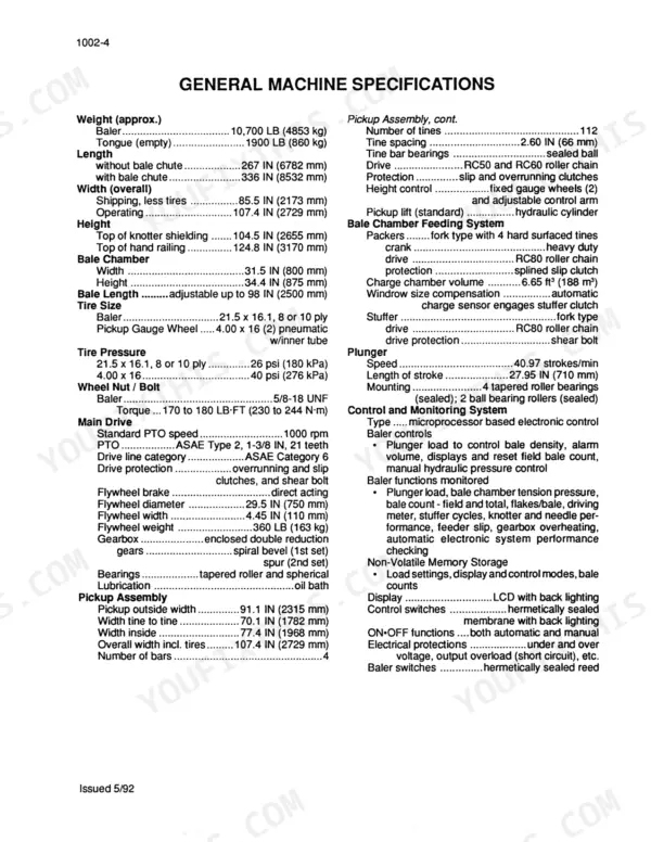 Case 8570 Mid-Size general machine specifications table including weight, dimensions, tire pressure, and drive system data.