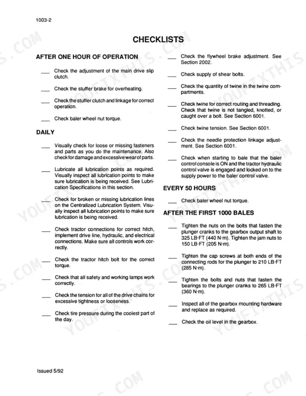Case 8570 Mid-Size baler maintenance checklists for daily, 50-hour, and 1000-bale service intervals.