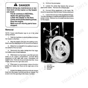Case 8820, 8830 diesel engine removal and installation procedure with diagram of tandem pump drive belt and sheave adjustment.