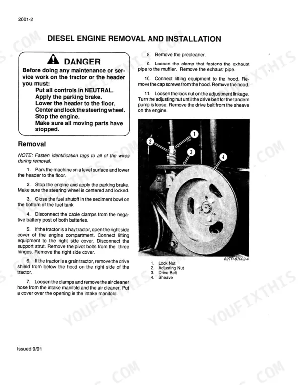 case-8820-8830-windrower-tractor-service-manual-rac-8-98071-procedures-60.webp Case 8820, 8830 diesel engine removal and installation procedure with diagram of tandem pump drive belt and sheave adjustment.