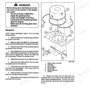 Case 8840 engine removal procedure and exploded view of the rotary screen assembly components.