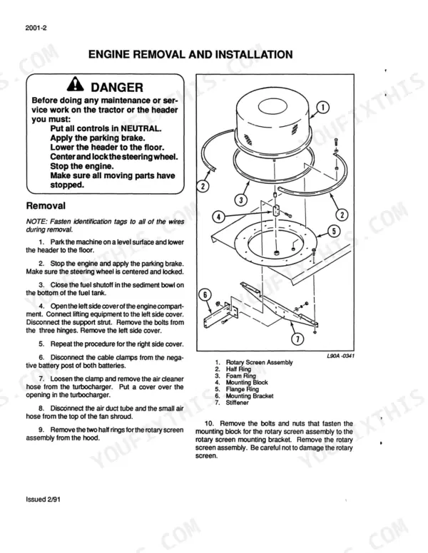 case-8840-windrower-service-manual-rac-8-97121-procedures-42.webp Case 8840 engine removal procedure and exploded view of the rotary screen assembly components.