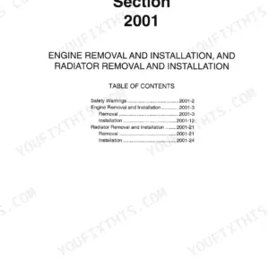Case 8860, 8860HP, 8870, 8880 Section 2001 table of contents for engine and radiator removal and installation procedures.