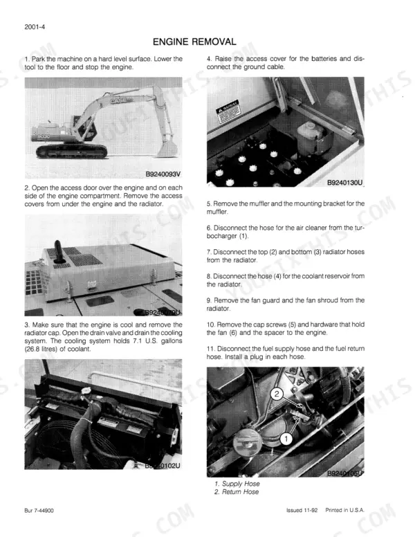 Case 9030 engine removal procedure steps, including battery access, radiator draining, and fuel hose disconnection diagrams.