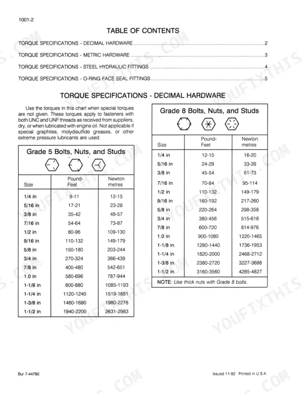 Case 9030 torque specification tables for Grade 5 and Grade 8 decimal hardware, bolts, nuts, and studs.