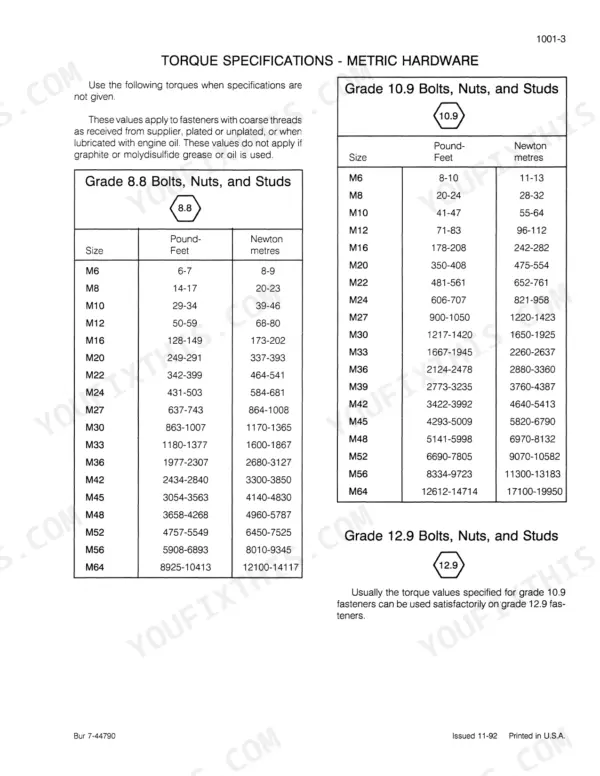 Case 9030 metric hardware torque specification tables for grade 8.8, 10.9, and 12.9 bolts, nuts, and studs.