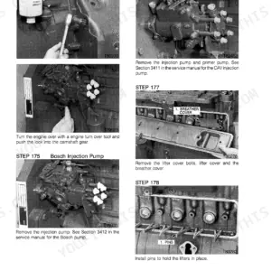 Case 9030 service manual procedures for removing CAV and Bosch injection pumps, lifter cover, and installing lifter pins.
