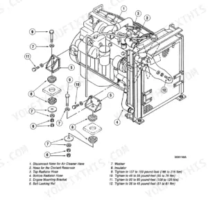 Case 9040 exploded view diagram of engine mounting brackets, insulators, and radiator hose connections with torque specifications.