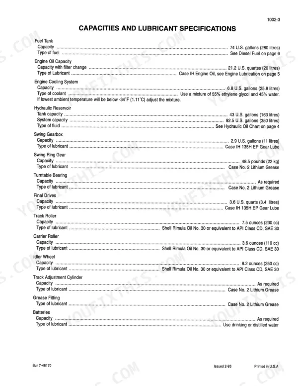 Case 9040 service manual page showing fluid capacities and lubricant specifications for engine, hydraulic, and drivetrain systems.