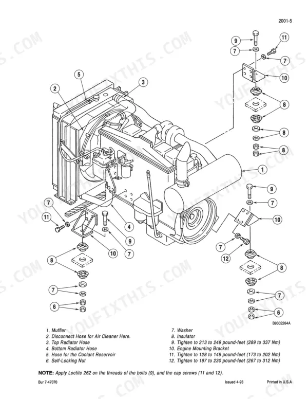 case-9060-excavator-service-manual-bur-7-47040-exploded-view-32.webp Case 9060, 9000 exploded view of engine mounting brackets, insulators, and hardware with torque specifications.