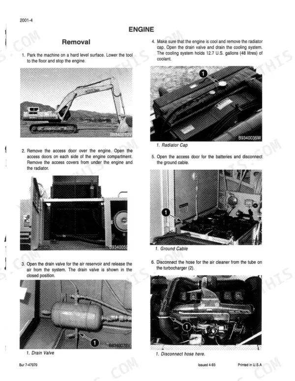 Case 9060, 9000 engine removal procedure steps showing radiator, battery ground cable, air reservoir drain, and turbocharger hose.